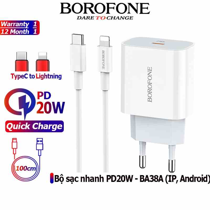 Bộ sạc nhanh PD20W BOROFONE BA38A Plus cổng USB-C, QC3.0 kèm cáp Type-C ra IP dài 1m - Chính hãng