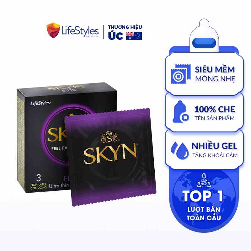 Bao Cao Su Non-latex Siêu Mềm Siêu Mỏng LifeStyles SKYN ELITE Không Mùi Cao Su, Không Gây Dị Ứng, Nhiều Gel - Hộp 3 bao