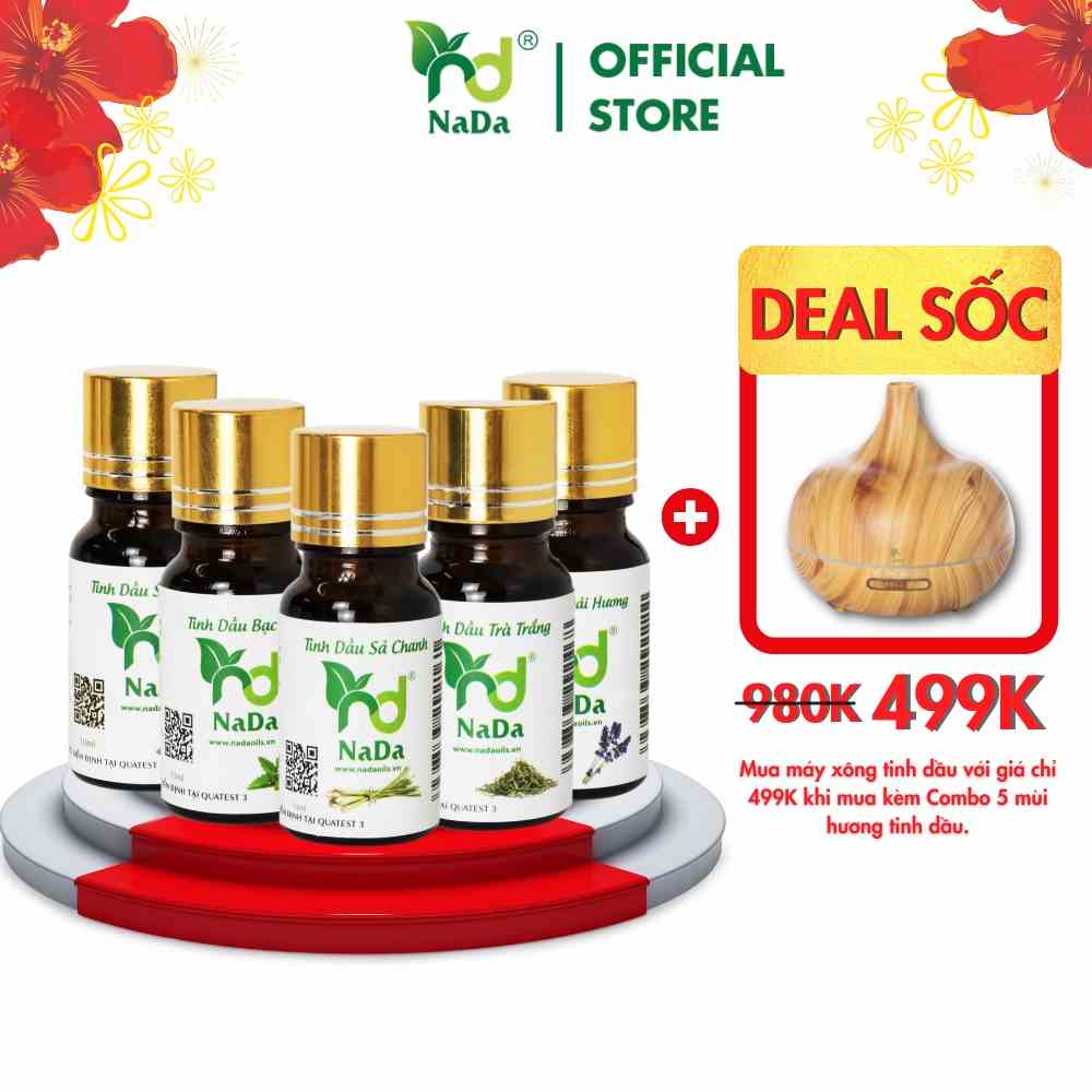 Combo 5 Tinh dầu Sả chanh, Trà trắng, Sen trắng, Bạc hà, Oải hương Nada Oils | Nguyên chất 100% từ thiên nhiên | 10ml