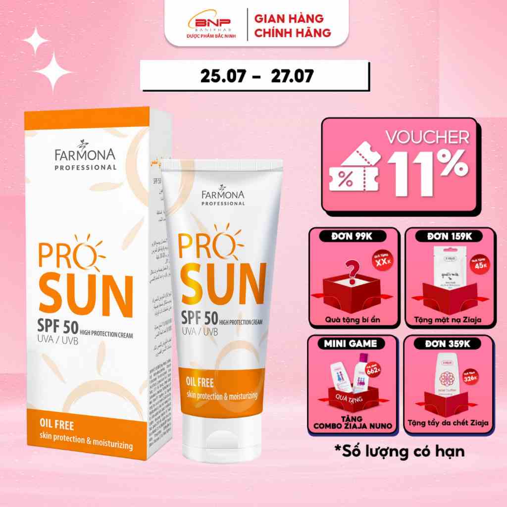 Kem chống nắng trắng da, dưỡng ẩm cho da mụn, kiềm dầu Farmona Professional Pro Sun High Protection Cream SPF50 50ml