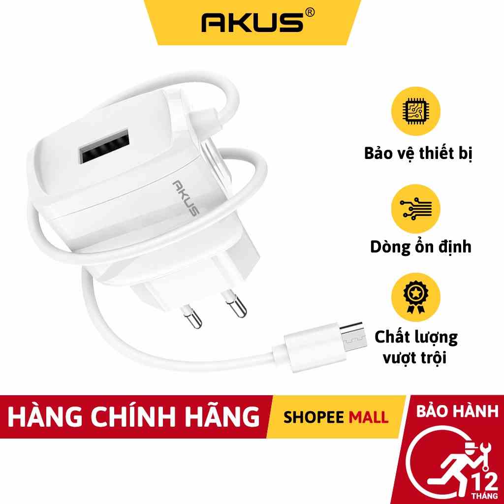 Sạc liền dây akus S15 chân micro - Hàng chính hãng - Bảo hành 12 tháng