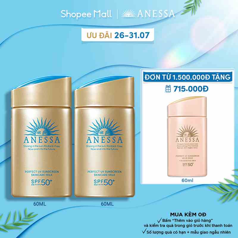 Bộ 2 Sữa chống nắng dưỡng da kiềm dầu bảo vệ hoàn hảo Anessa Perfect UV Sunscreen Skincare Milk SPF50+ PA++++ 60mlx2