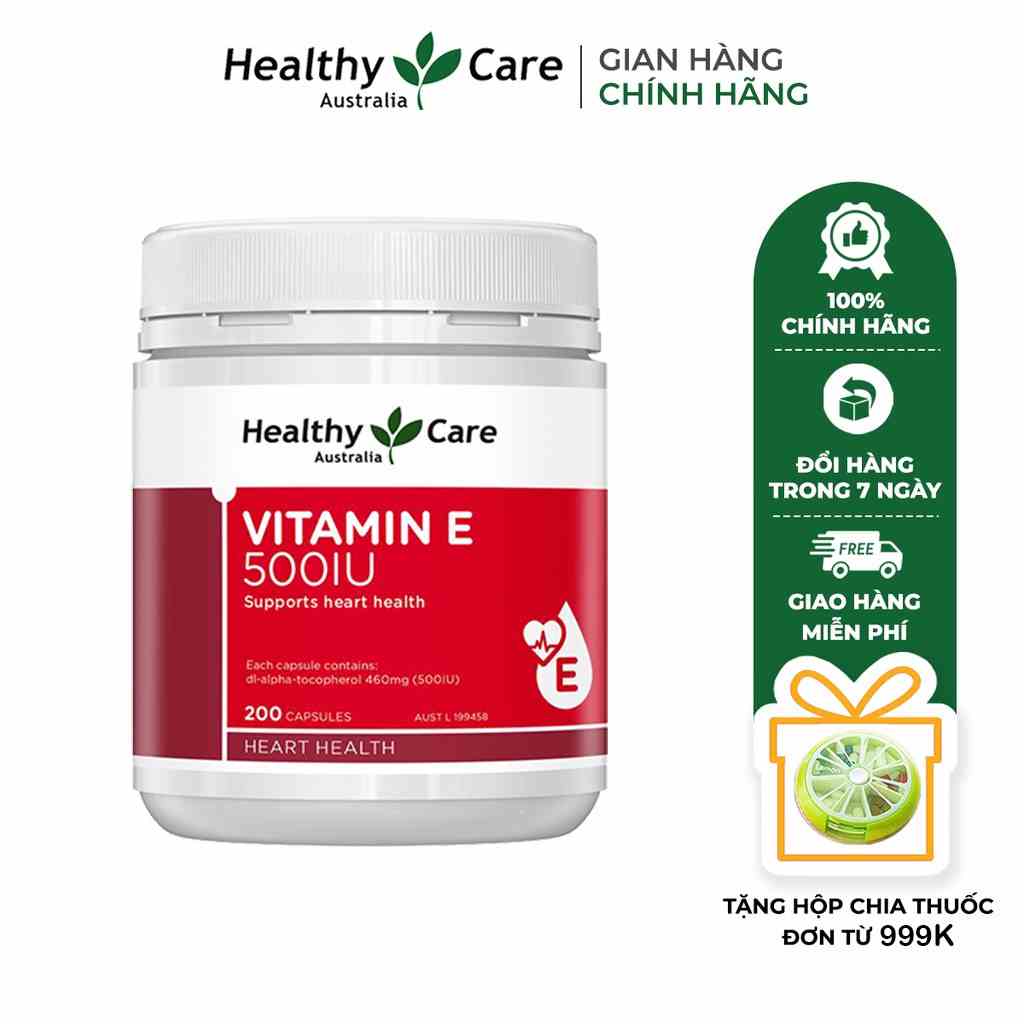 Viên uống bổ sung vitamin E Healthy Care 500IU - Hỗ trợ làm căng bóng, dưỡng ẩm da (200 viên)