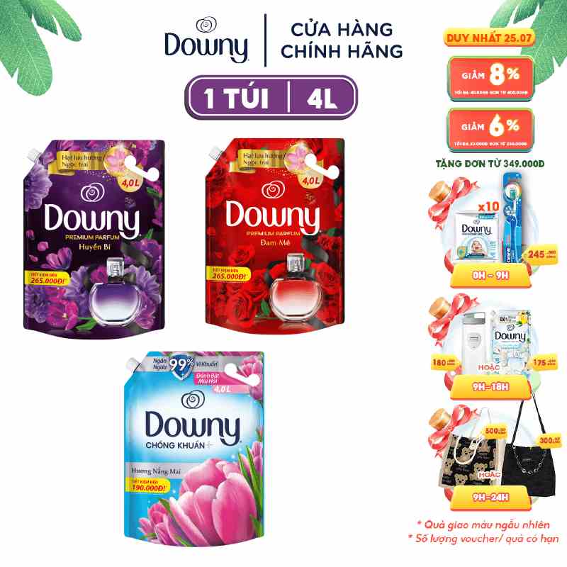 Nước Xả Vải DOWNY Hương Nước Hoa Cao Cấp Túi 4L Hương Đam Mê/ Huyền Bí/ Nắng Mai