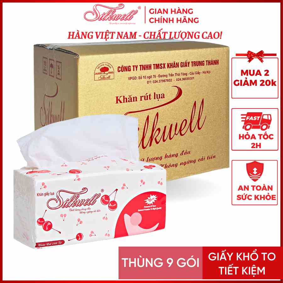 Thùng 9 gói Giấy ăn rút lụa khổ lớn Silkwell 280 tờ dai,mềm,mịn,không bụi giấy