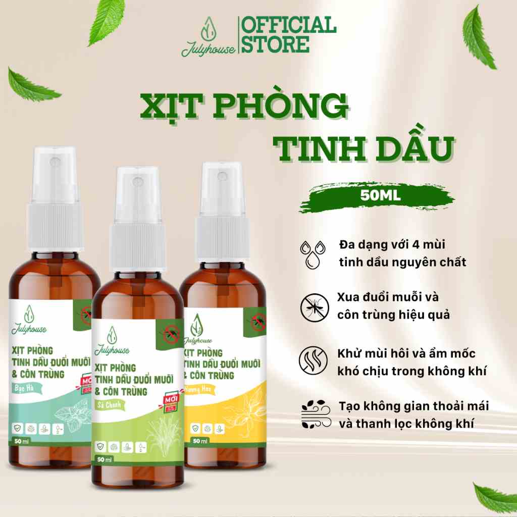 Bình xịt phòng tinh dầu sả chanh, bạc hà, quế đuổi muỗi JULYHOUSE 50ml khử mùi hiệu quả (mùi tự chọn)