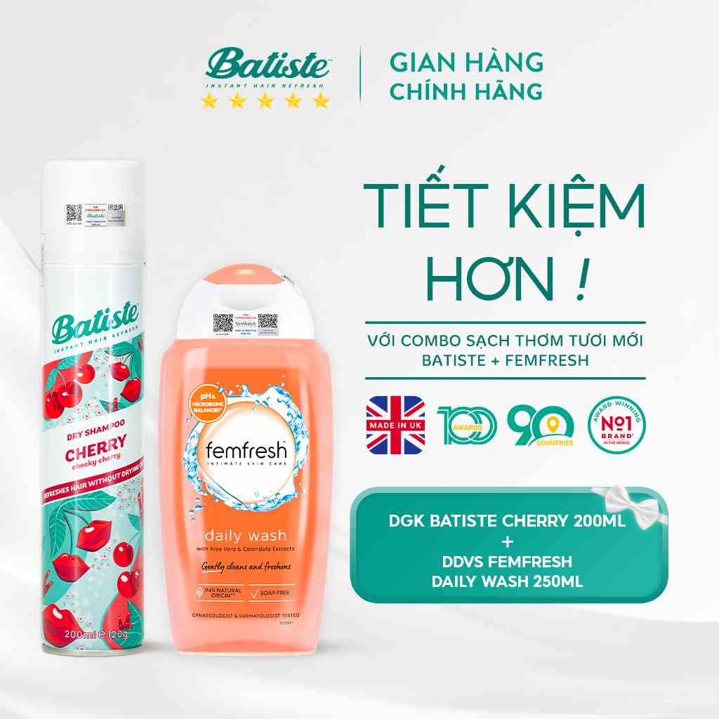 [COMBO DU LỊCH] Combo Dầu Gội Khô Batiste Cherry 200ml & Dung Dịch Vệ Sinh Femfresh Daily Intimate Wash 250ml