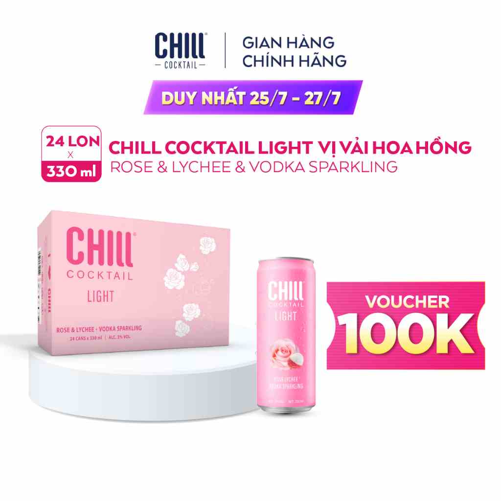 [Mã BMLTB200 giảm đến 100K đơn 499K] [Voucher 100K] Thùng 24 lon Chill Cocktail vị Vải & Hoa Hồng 330ml/lon