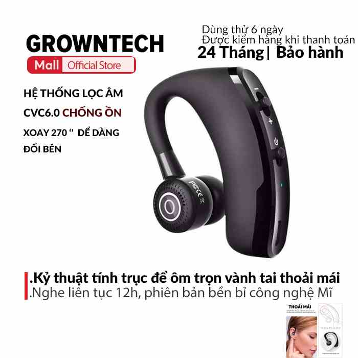 Tai nghe bluetooth nghe nhạc mini không dây GrownTech V9 gắn chip bluetooth CRS  kèm mic, nút đệm tai mẫu mới 2022