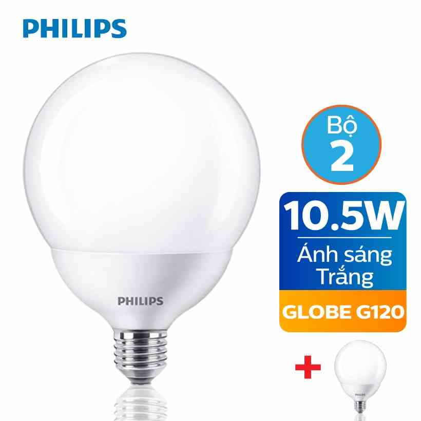 [Mã BMLTA35 giảm đến 35K đơn 99K] Bộ 2 Bóng đèn LED Philips Globe 10.5W 6500K E27 G120 - Ánh sáng trắng