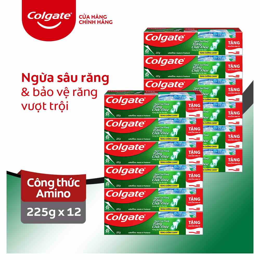 Bộ 12 Kem đánh răng Colgate ngừa sâu răng tăng cường canxi 225g tặng bàn chải