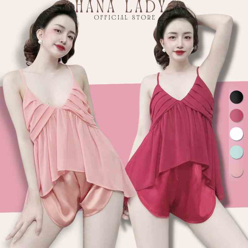 Pyjama bộ ngủ nữ 2 dây lụa satin nhiều màu áo hai dây kèm quần đùi HanaLadyStore V478