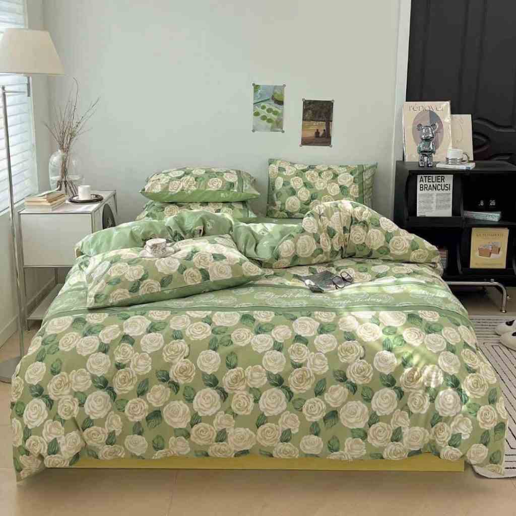 Set chăn ga gối cotton poly Emmibedding Store mẫu hoa hồng xanh siêu hot( chưa kèm ruột