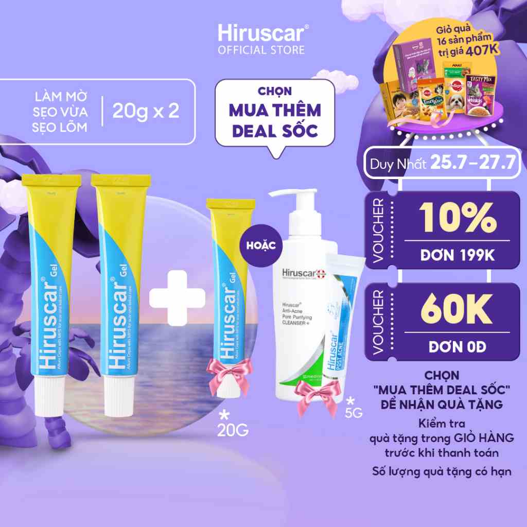 Bộ 2 Gel cải thiện sẹo vừa, sẹo lõm, sẹo thâm Hiruscar Gel 20g