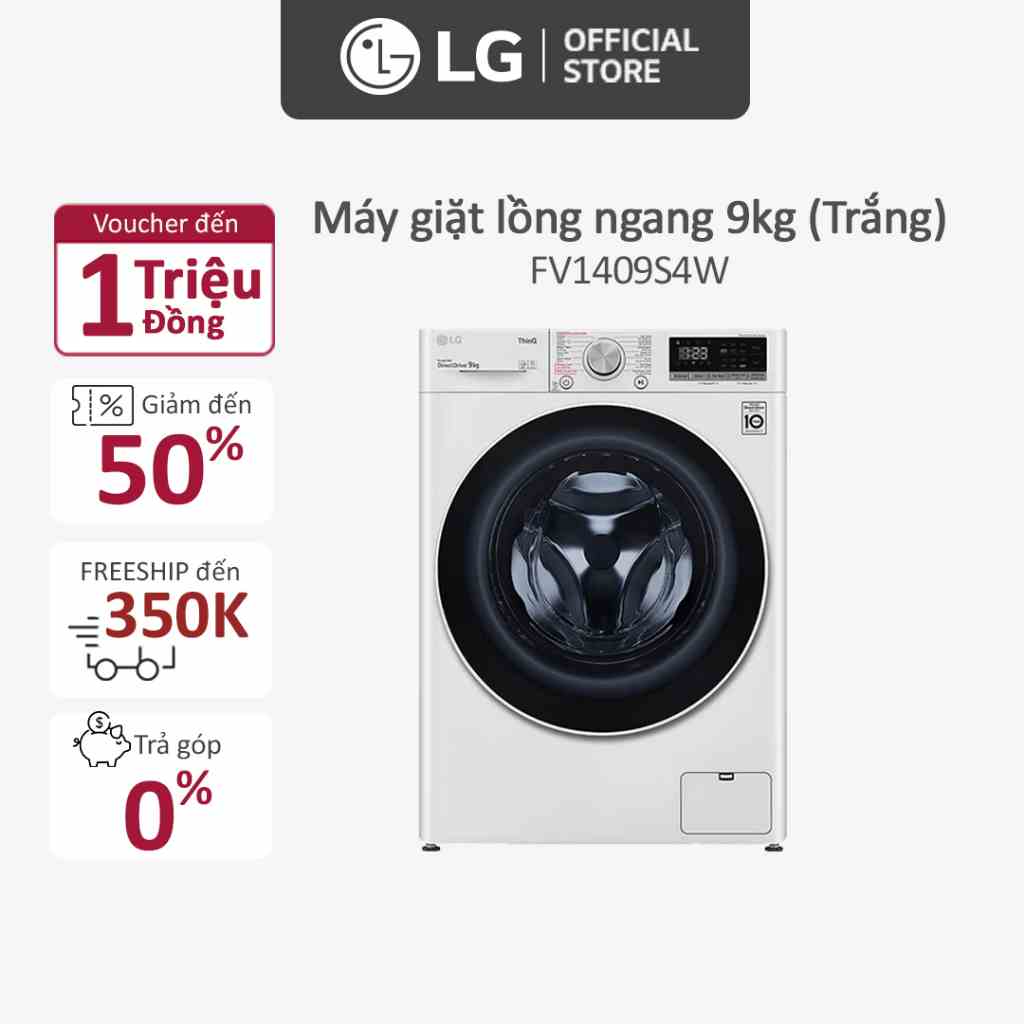 [Mã ELBAU5 giảm 5% đơn 300K] Máy giặt lồng ngang LG AI DD Inverter 9kg (trắng) - FV1409S4W - Miễn phí lắp đặt