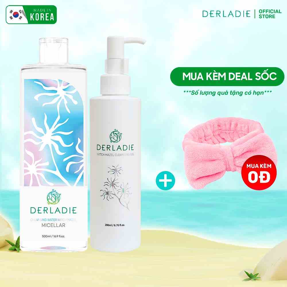 Bộ Đôi Làm Sạch Da Ngừa Mụn Tẩy Trang 500ml, Sữa Rửa Mặt Derladie Witch Hazel Cleansing Gel 200ml