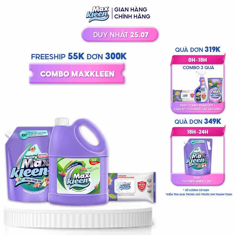 Combo Túi nước giặt xả thiên nhiên 3.6kg + Chai nước lau sàn ban mai 3.6kg + Khăn lau đa năng MaxKleen