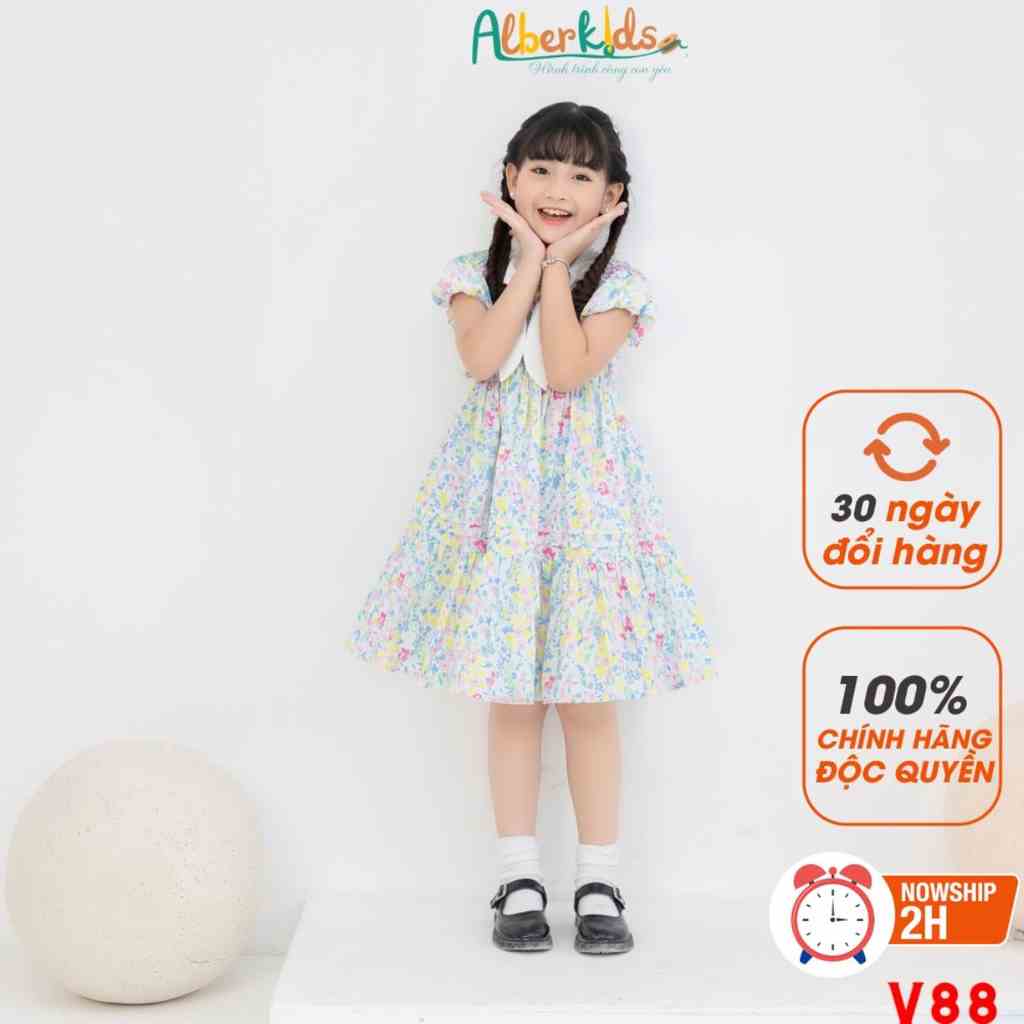 Váy bé gái ALBERKIDS  Liin Dress hoạ tiết hoa cổ nơ công chúa cho trẻ em từ 2,3,4,5,6,7,8,9,10 tuổi [V88]