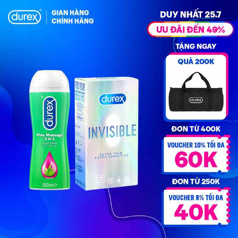 Bộ 1 hộp bao cao su Durex Invisible siêu mỏng (size 52mm, 10 bao/hộp) và 1 chai gel bôi trơn Durex Massage 2n1 200ml