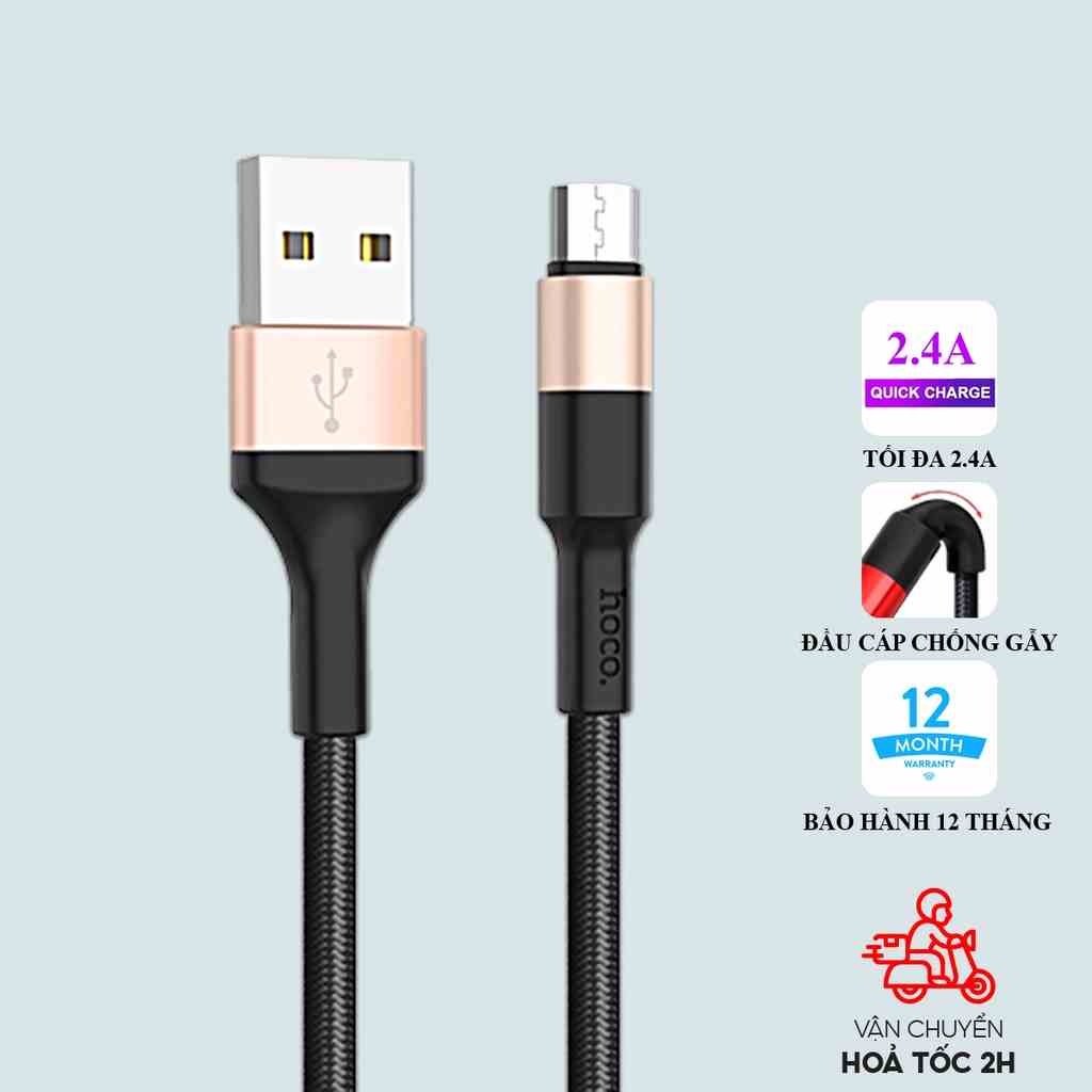 Dây cáp sạc Hoco X26 Micro hỗ trợ dòng tối đa 2.4A bọc dù chống đứt gãy dài 1 mét cho android, sạc dự phòng...