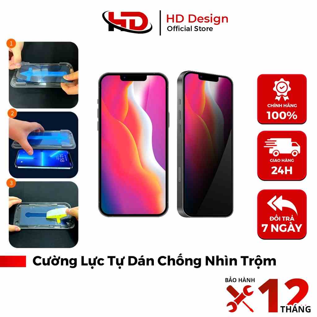 Cường Lực Tự Dán Chống Nhìn Trộm Cho IP - Khung Dán Tự Động - Tĩnh Điện - Chống Bám Bụi Khi Dán - Chính Hãng HD DESIGN