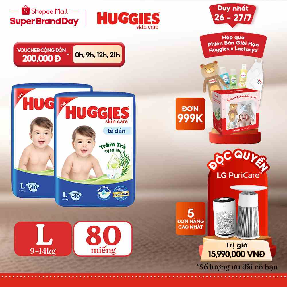 Combo 2 Tã dán Huggies Skincare Jumbo M46+6/ L40/ XL34