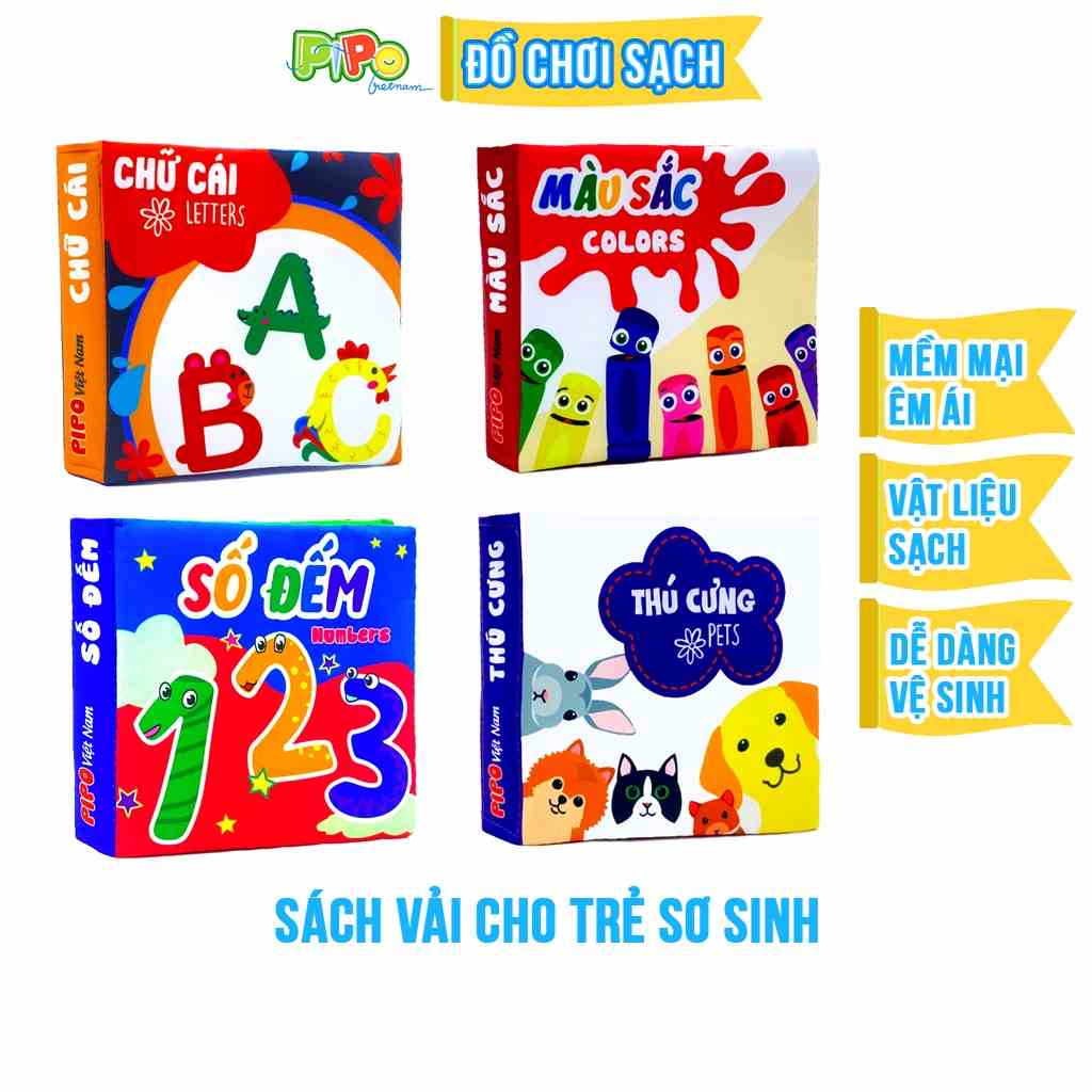 Bộ 4 sách vải sơ sinh PiPoVietnam kích thích thị giác chủ đề Chữ cái, Màu sắc, Thú cưng, Số đếm