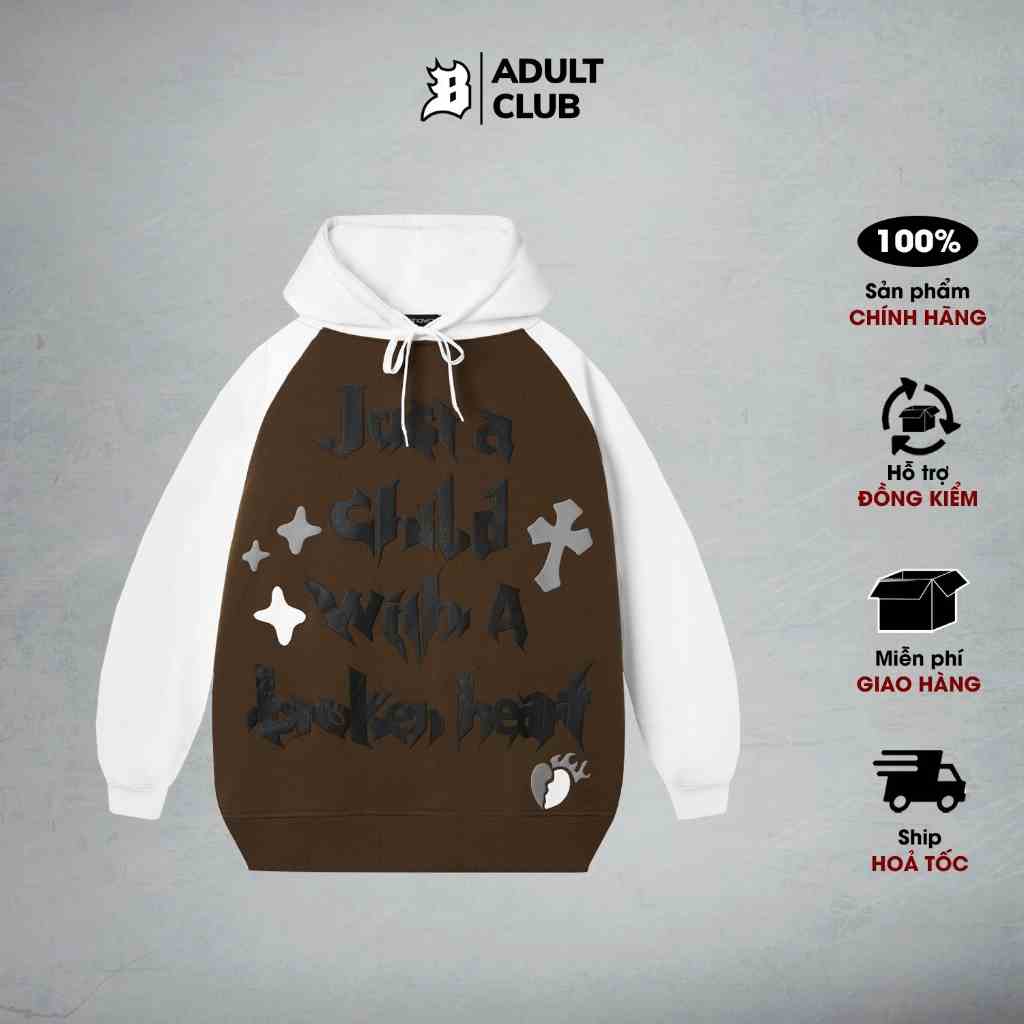 Áo Hoodie raglan Banawa form rộng nam nữ unisex có nón trùm đầu - Broken Child Hoodie - Màu Nâu Đậm