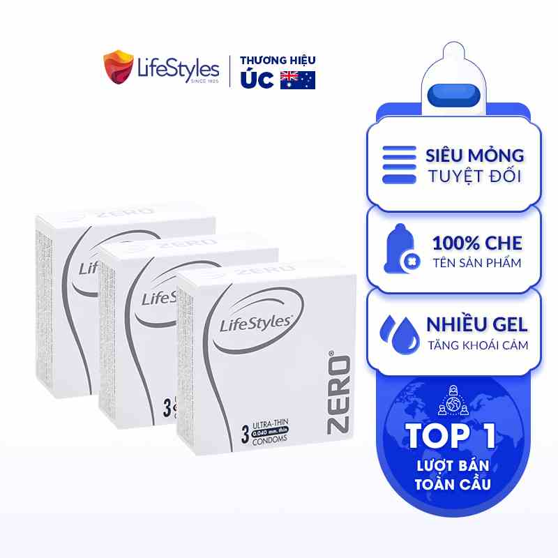 Combo 3 Bao Cao Su Siêu Mỏng Vô Hình Truyền Nhiệt Nhanh LifeStyles ZERO Nhiều Gel Bôi Trơn Tăng Khoái Cảm - Hộp 3 bao