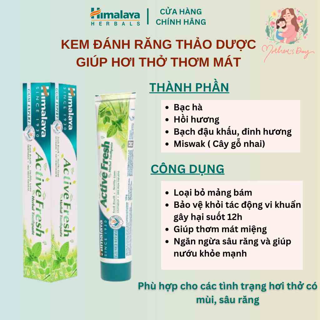 Kem đánh răng Himalaya Active Fresh Herbal Toothpaste bảo vệ nướu giúp hơi thở thơm mát 100g