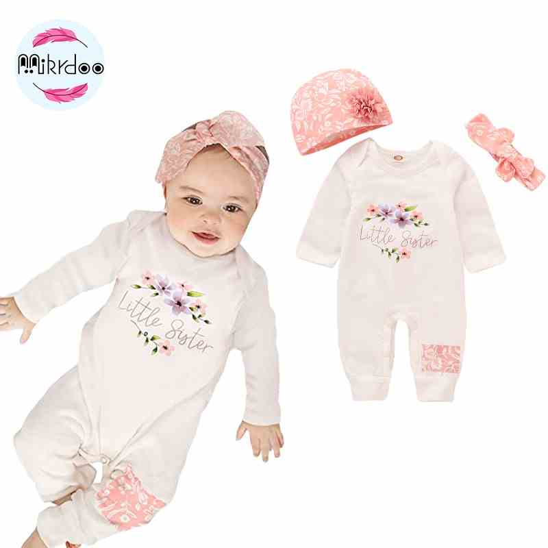 Set áo liền quần + mũ trùm đầu Mikrdoo đính hoa kèm băng đô nơ xinh xắn cho bé bodysuit cho bé