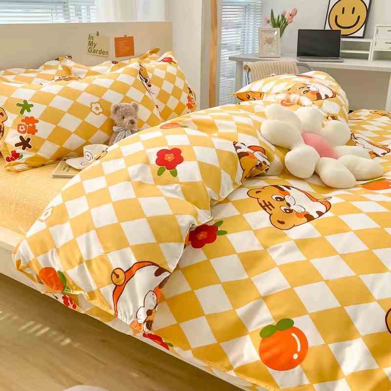 Bộ chăn ga gối cao cấp ETAMI cotton poly hổ kẻ cam miễn phí bo chun drap giường , ga trải giường