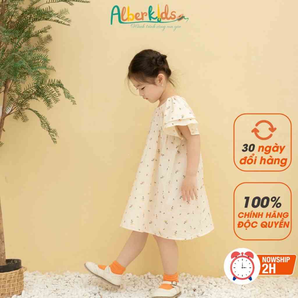 Váy bé gái ALBERKIDS chun ngực họa tiết hoa cam tay cánh tiên xinh đẹp cho trẻ em 2,3,4,5,6,7,8,9,10,11,12 tuổi[V60]