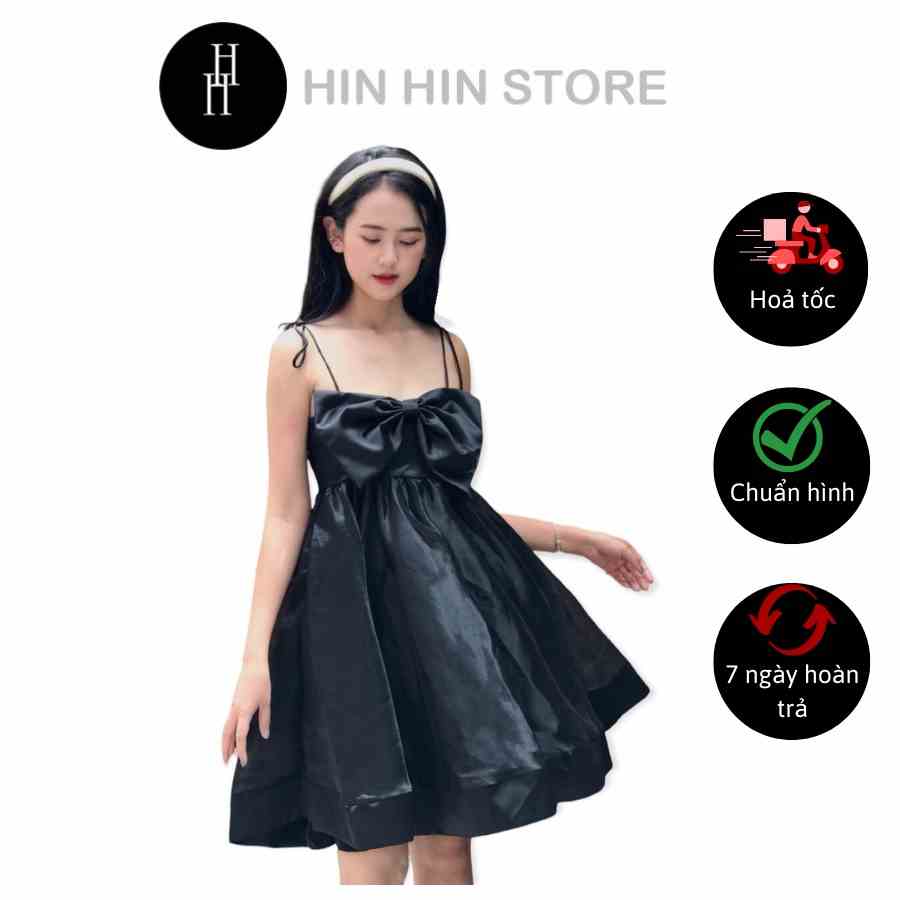 [Mã BMLTB35 giảm đến 35K đơn 99K] Đầm Babydoll xòe hai dây nơ màu đen HDT276 Hỉn Hỉn Store