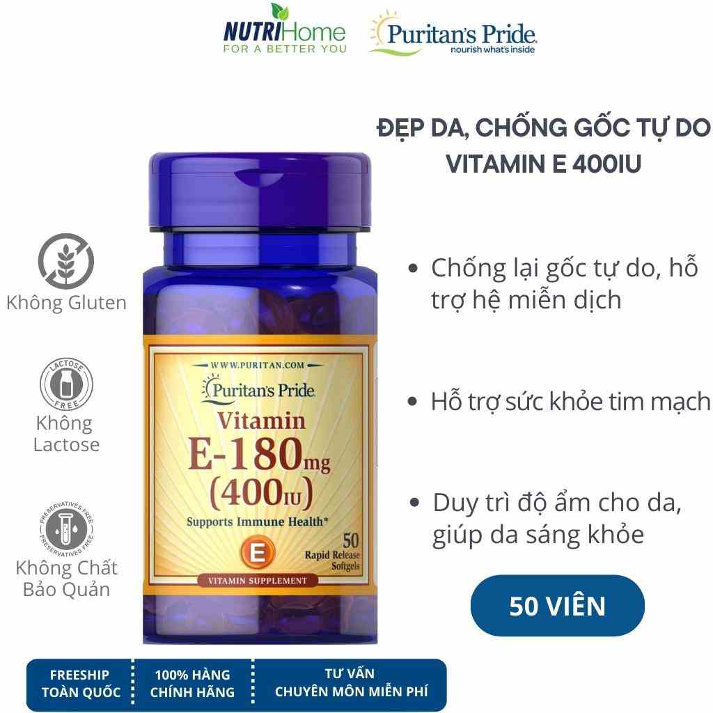 Viên uống đẹp da, chống oxy hóa Vitamin E 400IU Puritan’s Pride hỗ trợ tim mạch (Nutri Home) (50 viên)