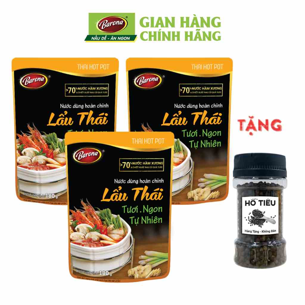 Combo 3 Gói Nước Dùng Lẩu Thái Barona 180g, tặng tiêu hạt