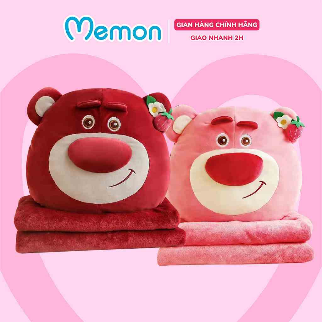 Gối Chăn Mền Gấu Lotso Huggin Bear Tai Dâu Có Dây Đeo Cao Cấp Memon