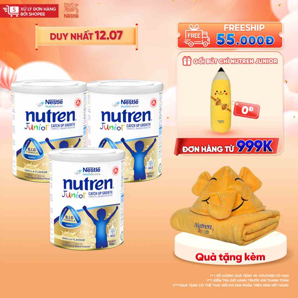 [Tặng 01 khăn choàng tắm bé] Combo 3 Lon Sữa Nutren Junior 850gr/lon