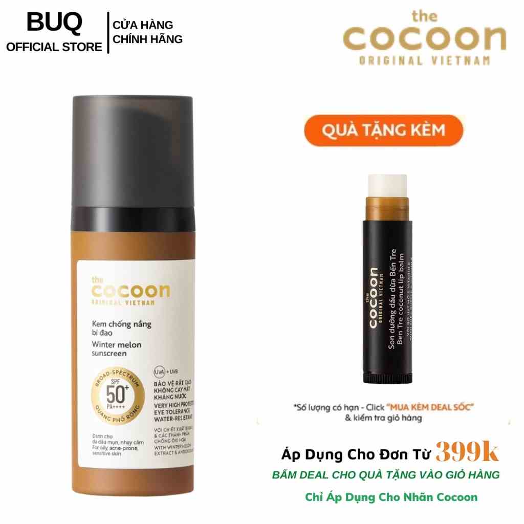 Kem Chống Nắng Bí Đao Quang Phổ Rộng, Bảo Vệ Rất Cao Spf 50 +, Pa ++++ Cocoon 50ml