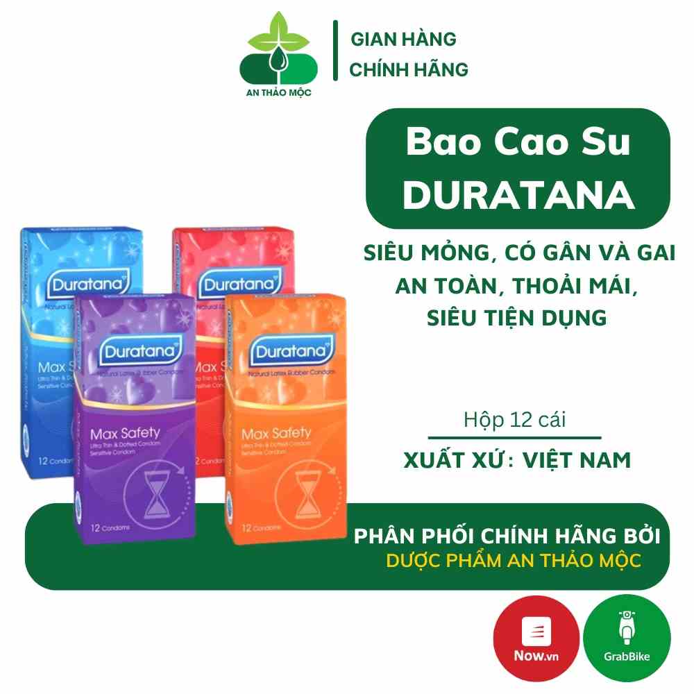 Bao cao su TANAPHAR Duratana gân gai siêu mỏng nhiều chất bôi trơn giúp tăng khoái cảm kéo dài thời gian hộp 12 chiếc