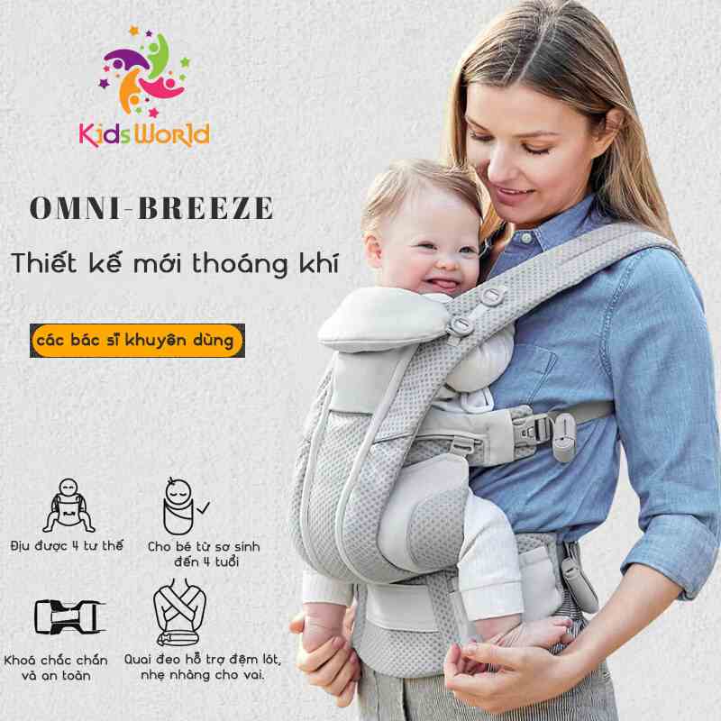 Địu em bé Kidsworld Omni Breeze trợ lực 4 tư thế vải SoftFlex Organic siêu mát,cho bé sơ sinh từ 3,2-20kg