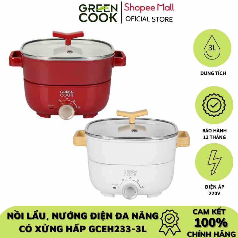 Nồi lẩu, nướng điện đa năng có xửng hấp Green Cook GCEH233-3L - Hàng chính hãng