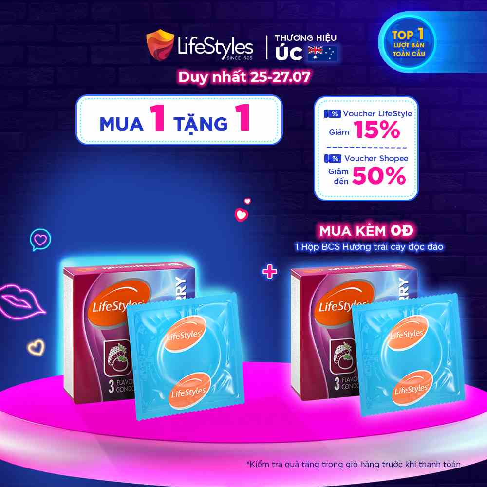 Bao Cao Su Hương Dâu 3 Vị Trái Cây Độc Đáo LifeStyles Mixed Berry Trải Nghiệm Mới Lạ Ngọt Ngào Nhiều Gel - Hộp 3 bao