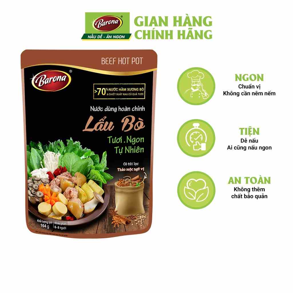 Nước Dùng Lẩu Bò Barona 164g tươi ngon chuẩn vị không cần nêm nếm