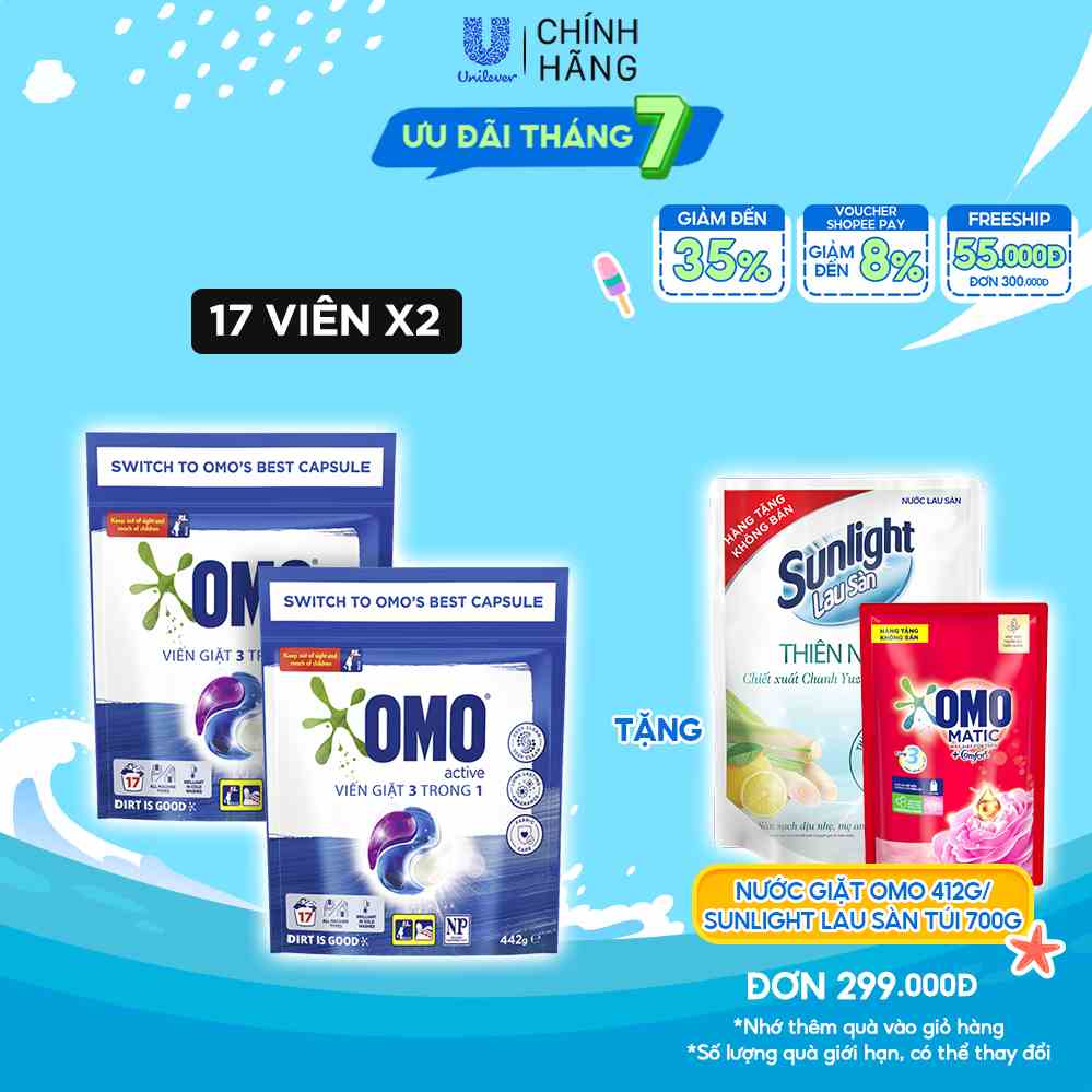 Combo 2 Túi Viên Giặt Tiện Lợi OMO Công Nghệ Anh Quốc - Bền Màu (17 Viên/Túi)