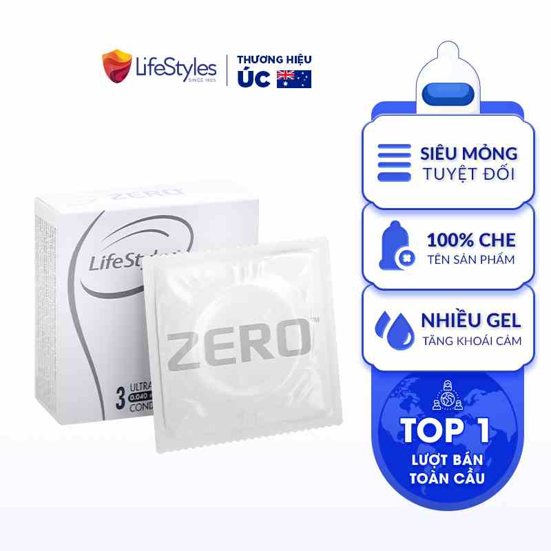 Bao Cao Su Siêu Mỏng Vô Hình Truyền Nhiệt Nhanh LifeStyles ZERO Nhiều Gel Bôi Trơn Tăng Khoái Cảm - Hộp 3 bao