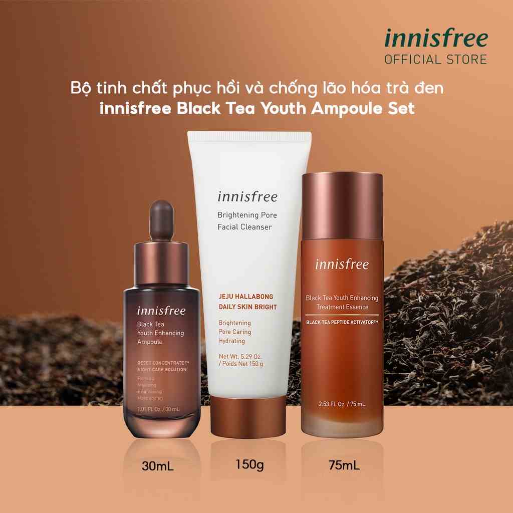 Bộ sản phẩm dưỡng phục hồi da và chống lão hóa trà đen innisfree Black Tea Youth Ampoule Set