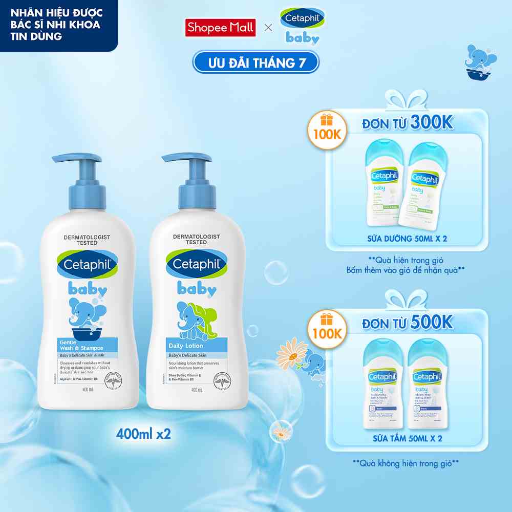 Combo Sữa tắm gội dịu lành Cetaphil Baby Gentle Wash & Shampoo 400ml + Sữa dưỡng ẩm dịu lành Cetaphil Baby Lotion 400ml