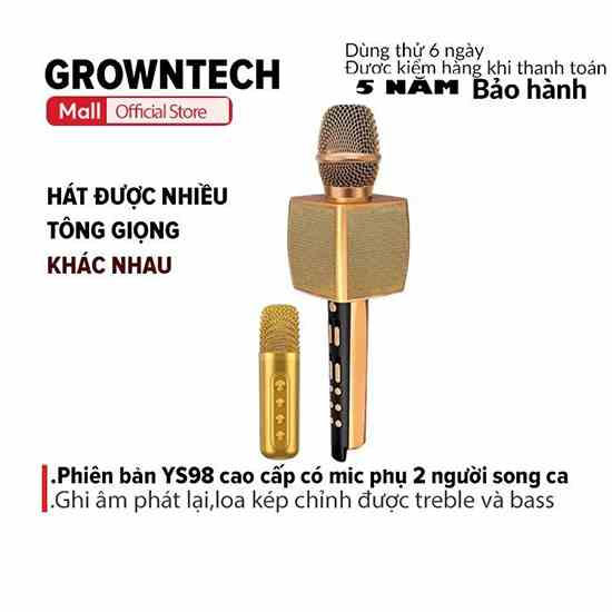 Mic karaoke bluetooth GrownTech cầm tay không dây YS 98 âm bass trầm ấm tích hợp song ca