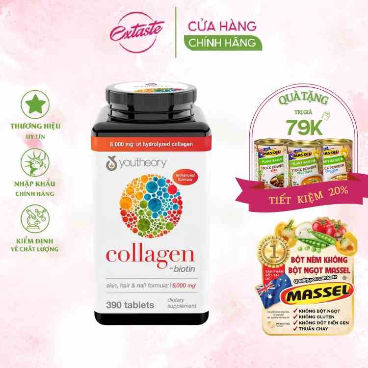 Viên uống bổ sung collagen Youtheory Collagen Type 1,2,3 (390 Viên) chống lão hóa đẹp da